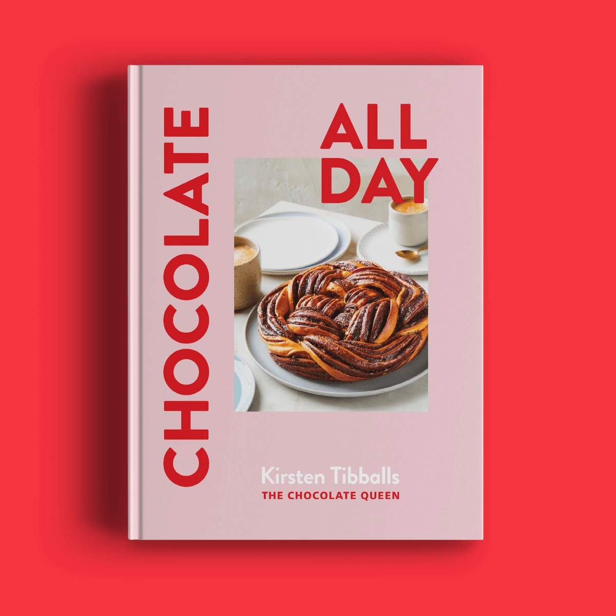 A book titled "Chocolate All Day" on a vibrant red background.