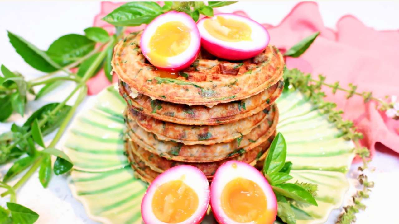 Jane de Graaff’s green mash waffles topped with pink pickled eggs at the Good Food & Wine Show