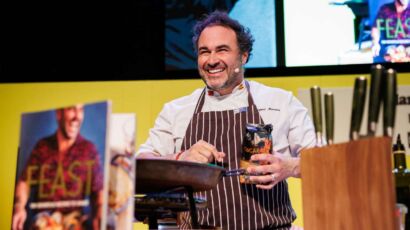Miguel Maestre cooking live on stage at the Good Food & Wine Show.