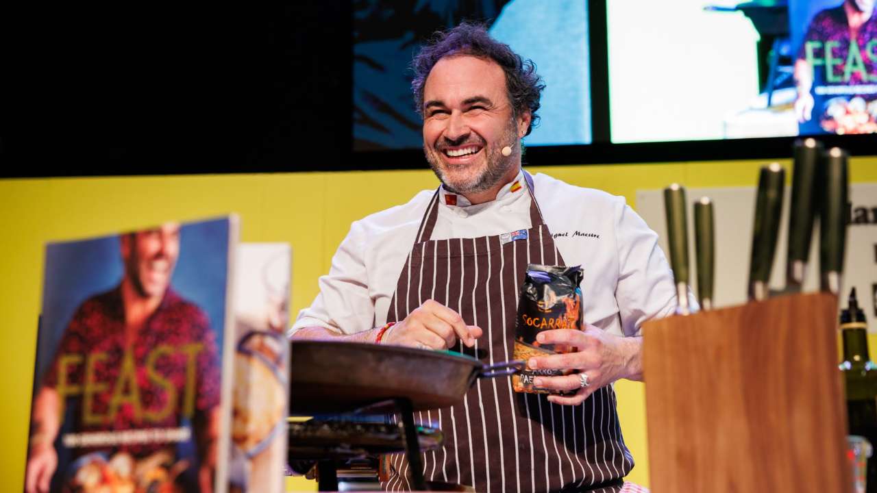 Miguel Maestre cooking live on stage at the Good Food & Wine Show.