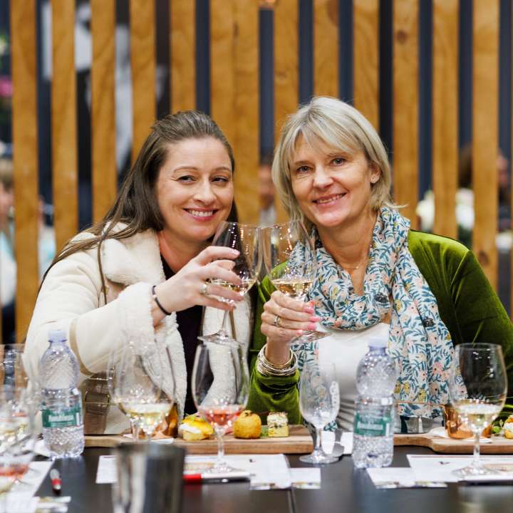 Two women cheering wine glasses in the Wine Selectors Tasting Room at the Good Food & Wine Show