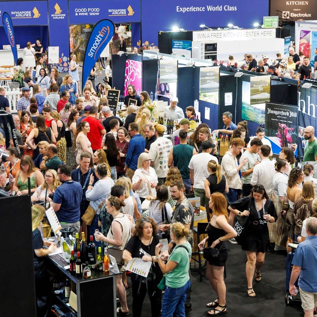 Crowds exploring exhibitor stalls at the Good Food & Wine Show