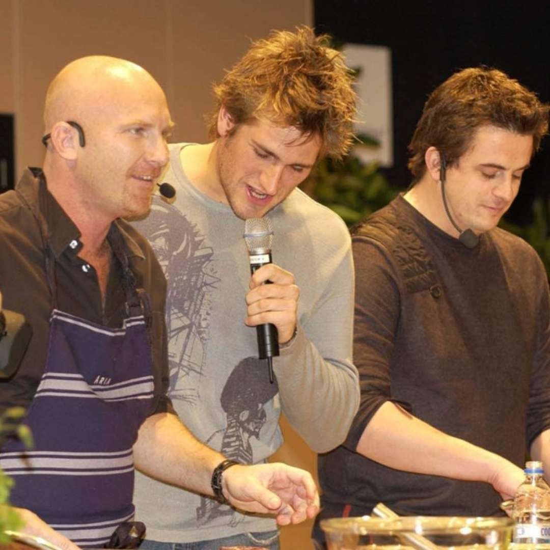 Curtis Stone and Matt Moran cooking on the Celebrity Kitchen stage at the Good Food & Wine Show