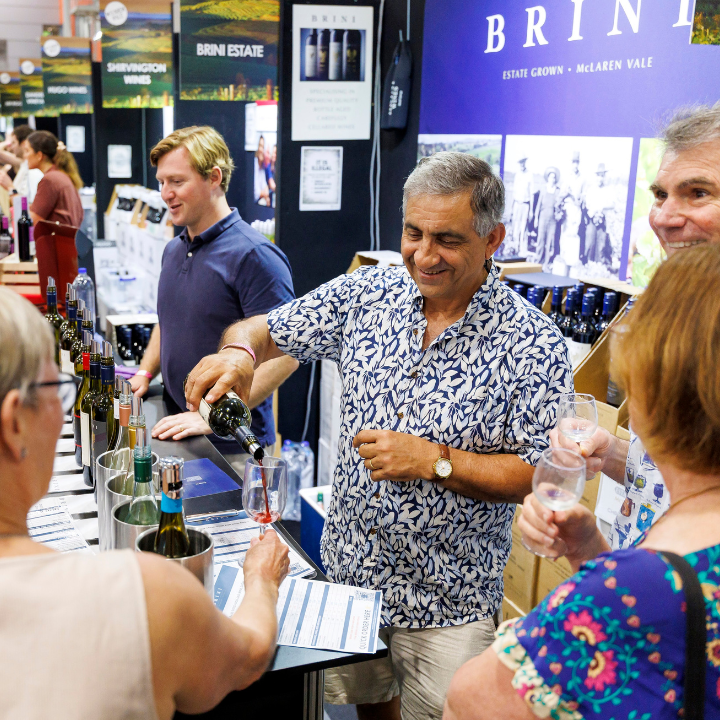 Brini Estate winery exhibiting in the McLaren Vale Wine Pavilion at the Good Food & Wine Show, showcasing premium South Australian wines.