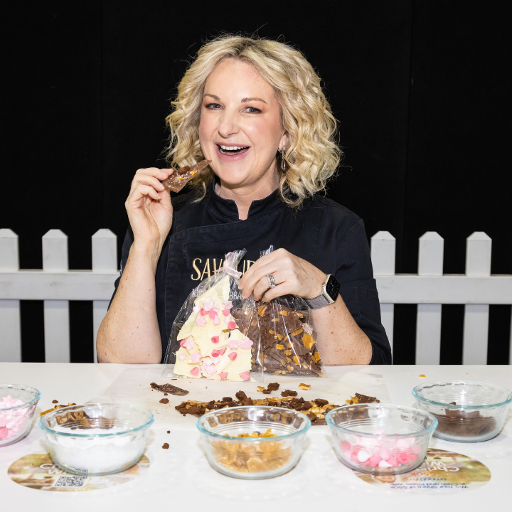 Kirsten Tibballs enjoying chocolate during her Create Your Own Chocolate masterclass at the Cooking School at the Good Food & Wine Show.