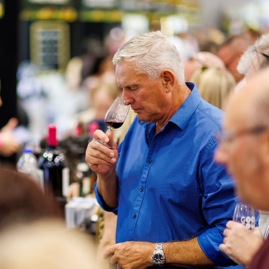 Man smelling a glass of wine during a tasting in the Great Southern Wine Pavilion at the Good Food & Wine Show.