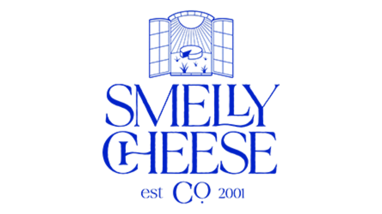 Smelly Cheese Co. logo featuring a blue illustration of an open window with cheese and the text 'Smelly Cheese Co. est 2001
