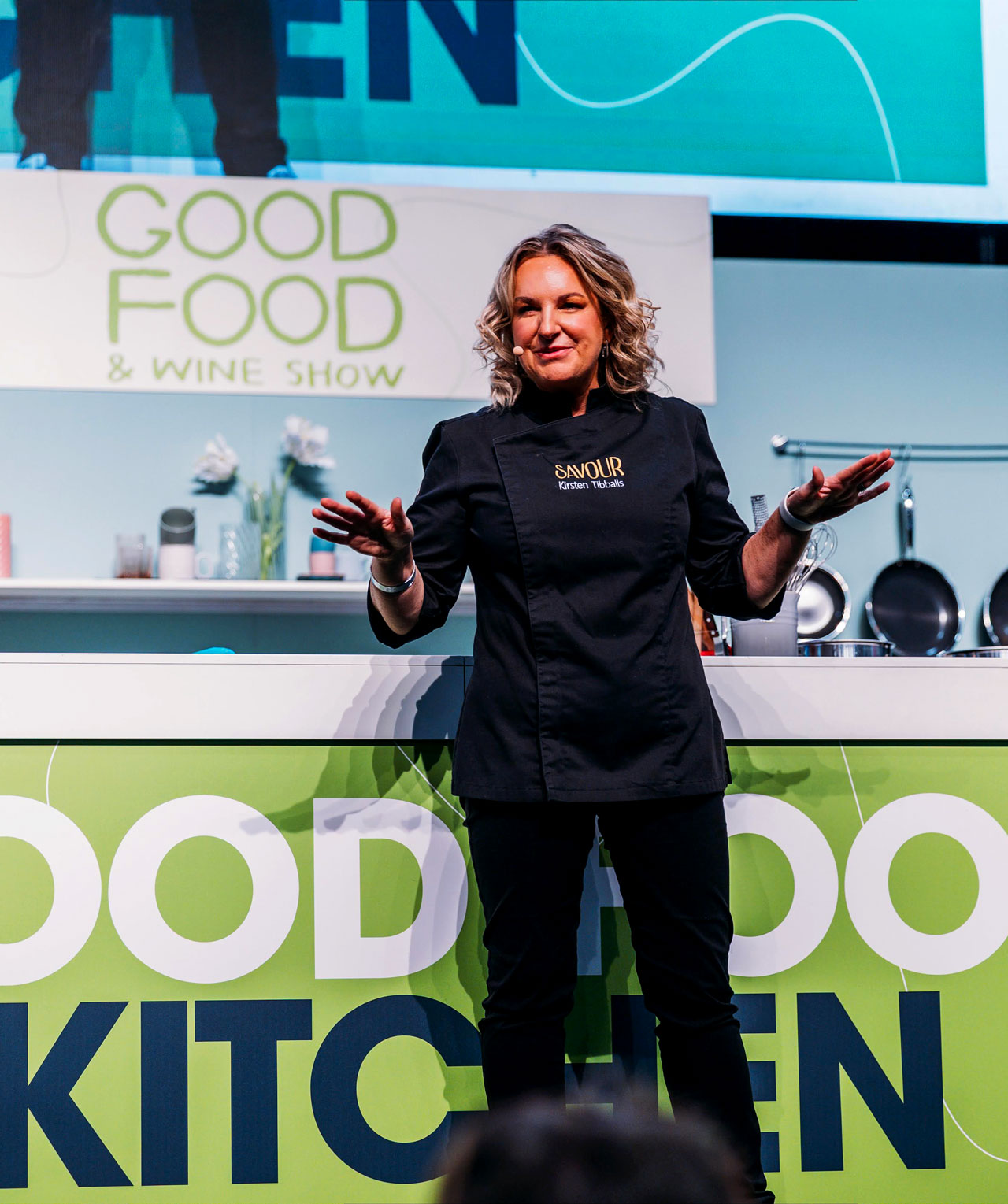 Kirsten Tibballs demonstrates chocolate-making techniques during her Create Your Own Chocolate masterclassKirsten Tibballs demonstrates chocolate-making techniques during her Create Your Own Chocolate LIVE CLASS at the GOOD FOOD KITCHEN at the Good Food & Wine Show. at the Cooking School at the Good Food & Wine Show.
