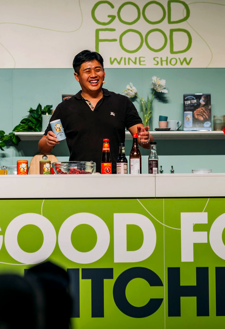 Vincent Yeow Lim demonstrates techniques during his live at the GOOD FOOD KITCHEN at the Good Food & Wine Show