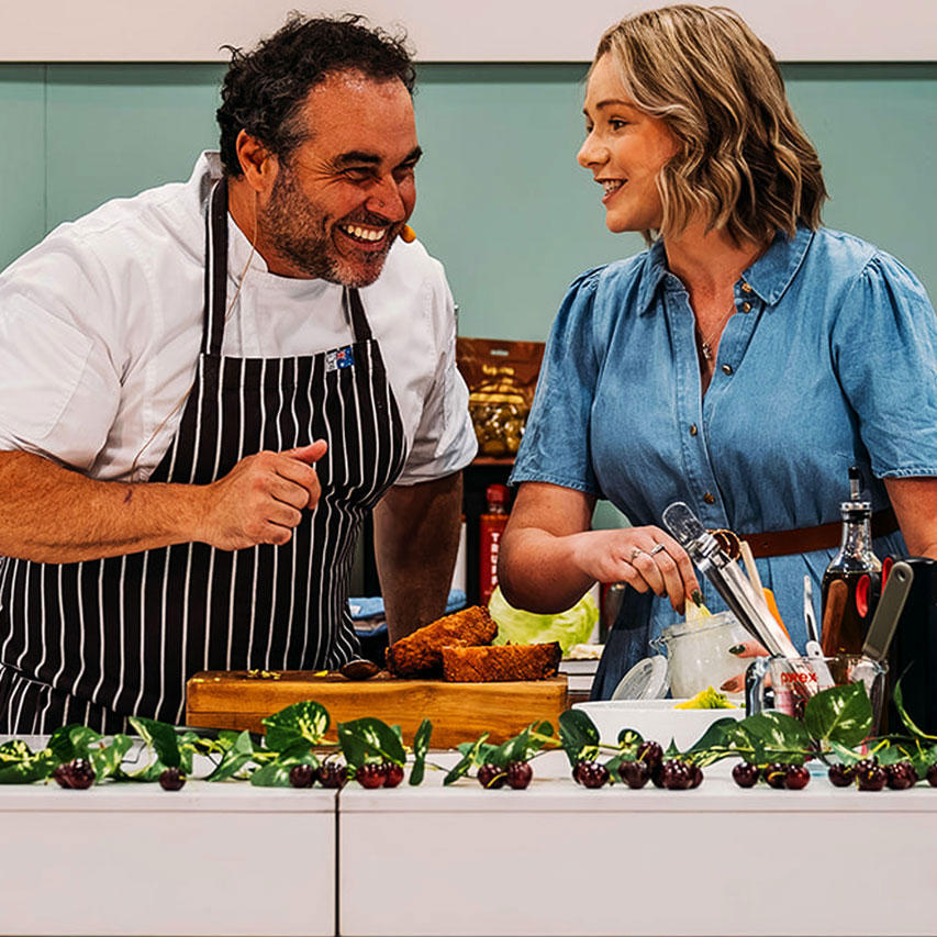 Miguel Maestre at The Festive Kitchen featuring The Great Australian Bake Off , enjoying the live performance at the Good Food & Wine Show christmas Edition