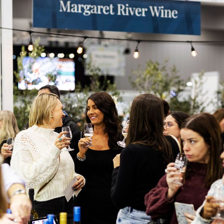 The Margaret River Wine Pavilion entrance welcomes visitors to explore world-class Cabernet Sauvignon and Chardonnay at the Good Food & Wine Show.
