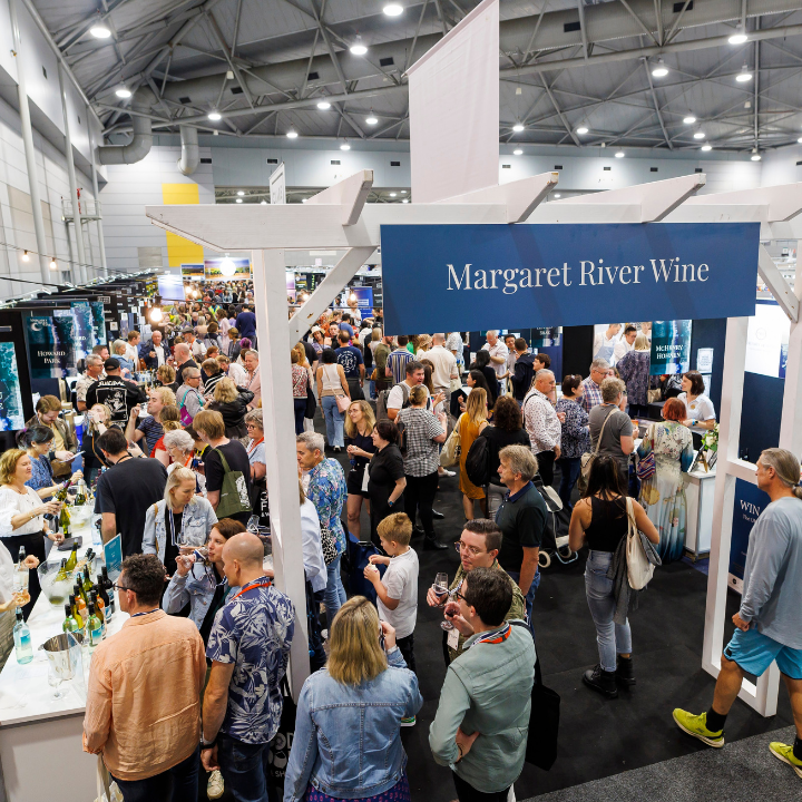 The Margaret River Wine Pavilion entrance welcomes visitors to explore world-class Cabernet Sauvignon and Chardonnay at the Good Food & Wine Show.